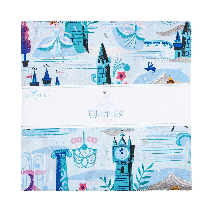 The Wishes fabric collection by Jill Howarth for Riley Blake Designs is a whimsical, storybook-style line inspired by the classic Cinderella fairy tale. The collection reads like an illustrated vintage children's book. Key prints feature grand ballroom scenes, castle spires, moonlit village views with transforming pumpkin coaches, the entire cast of characters the heroine, prince, mice helpers, and step-family, and scrolling florals.
In this listing create you can put together the perfect Storybook Quilt -