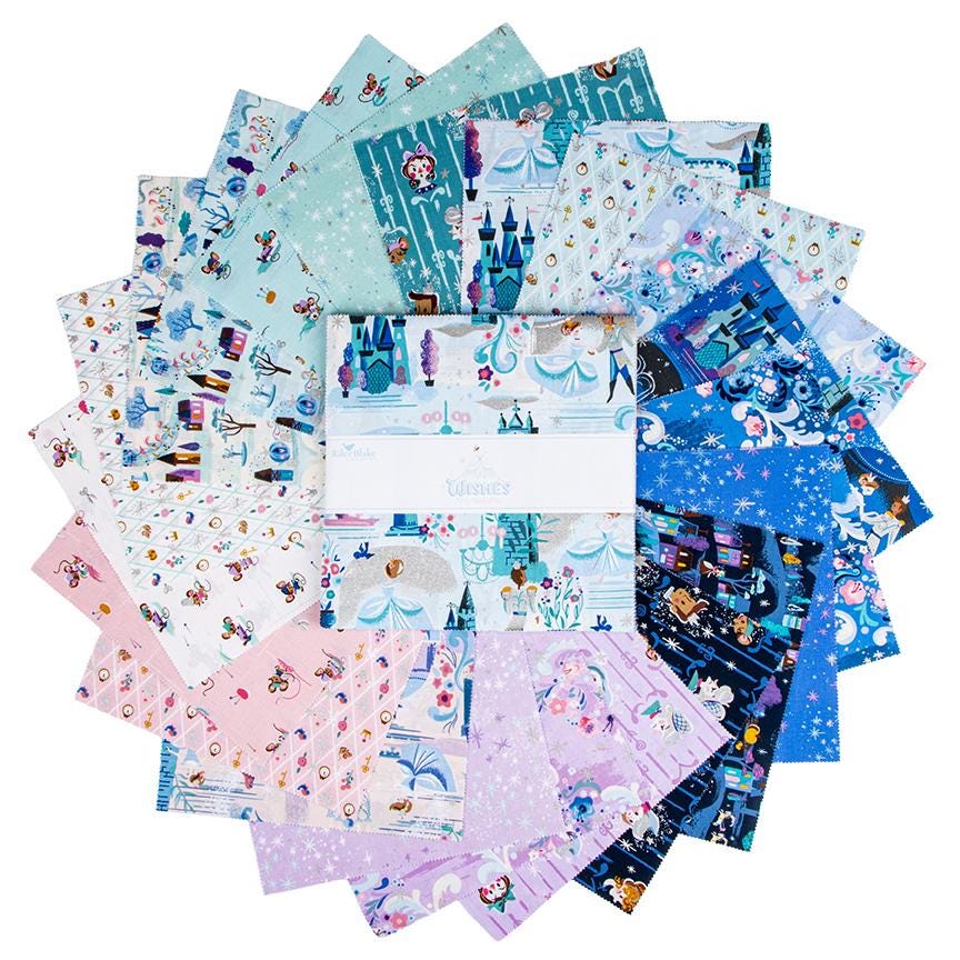 The Wishes fabric collection by Jill Howarth for Riley Blake Designs is a whimsical, storybook-style line inspired by the classic Cinderella fairy tale. The collection reads like an illustrated vintage children's book. Key prints feature grand ballroom scenes, castle spires, moonlit village views with transforming pumpkin coaches, the entire cast of characters the heroine, prince, mice helpers, and step-family, and scrolling florals.
In this listing create you can put together the perfect Storybook Quilt -