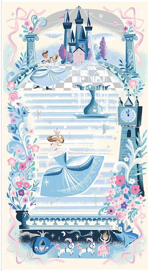 The Wishes fabric collection by Jill Howarth for Riley Blake Designs is a whimsical, storybook-style line inspired by the classic Cinderella fairy tale. The collection reads like an illustrated vintage children's book. Key prints feature grand ballroom scenes, castle spires, moonlit village views with transforming pumpkin coaches, the entire cast of characters the heroine, prince, mice helpers, and step-family, and scrolling florals.
In this listing create you can put together the perfect Storybook Quilt -