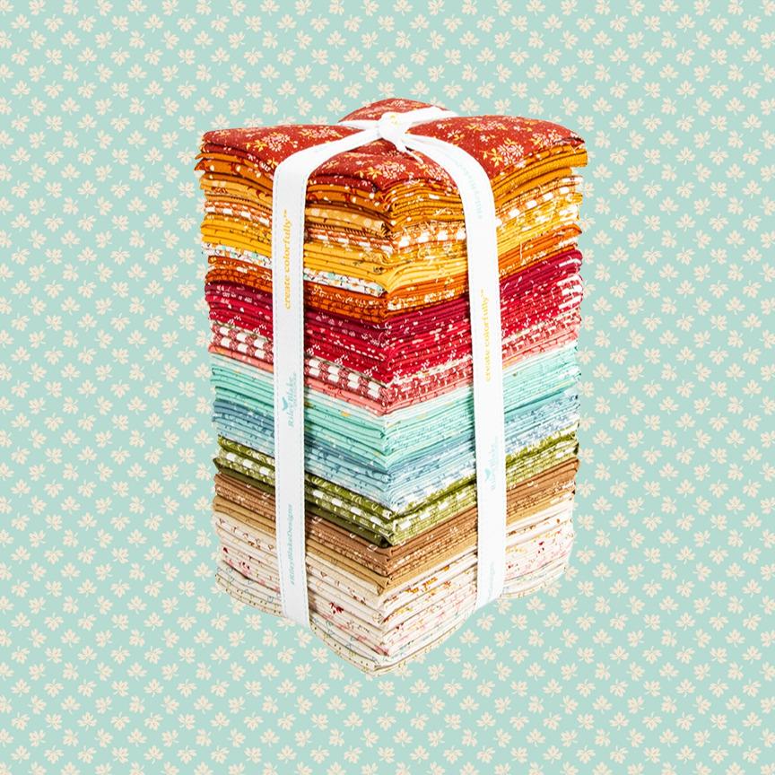 The Baked with Love fabric collection by designer Lori Holt of Bee in my Bonnet for Riley Blake Designs is a heartfelt, vintage-inspired celebration of fall, family Thanksgiving gatherings, and the nostalgia of home baking. The color palette embraces a rich, warm harvest and Autumn tones. This cozy line consists of 53 premium cotton prints designed specifically to evoke the sights and warm scents of a busy autumn kitchen.
- Fat quarter bundle includes all 53 patterns