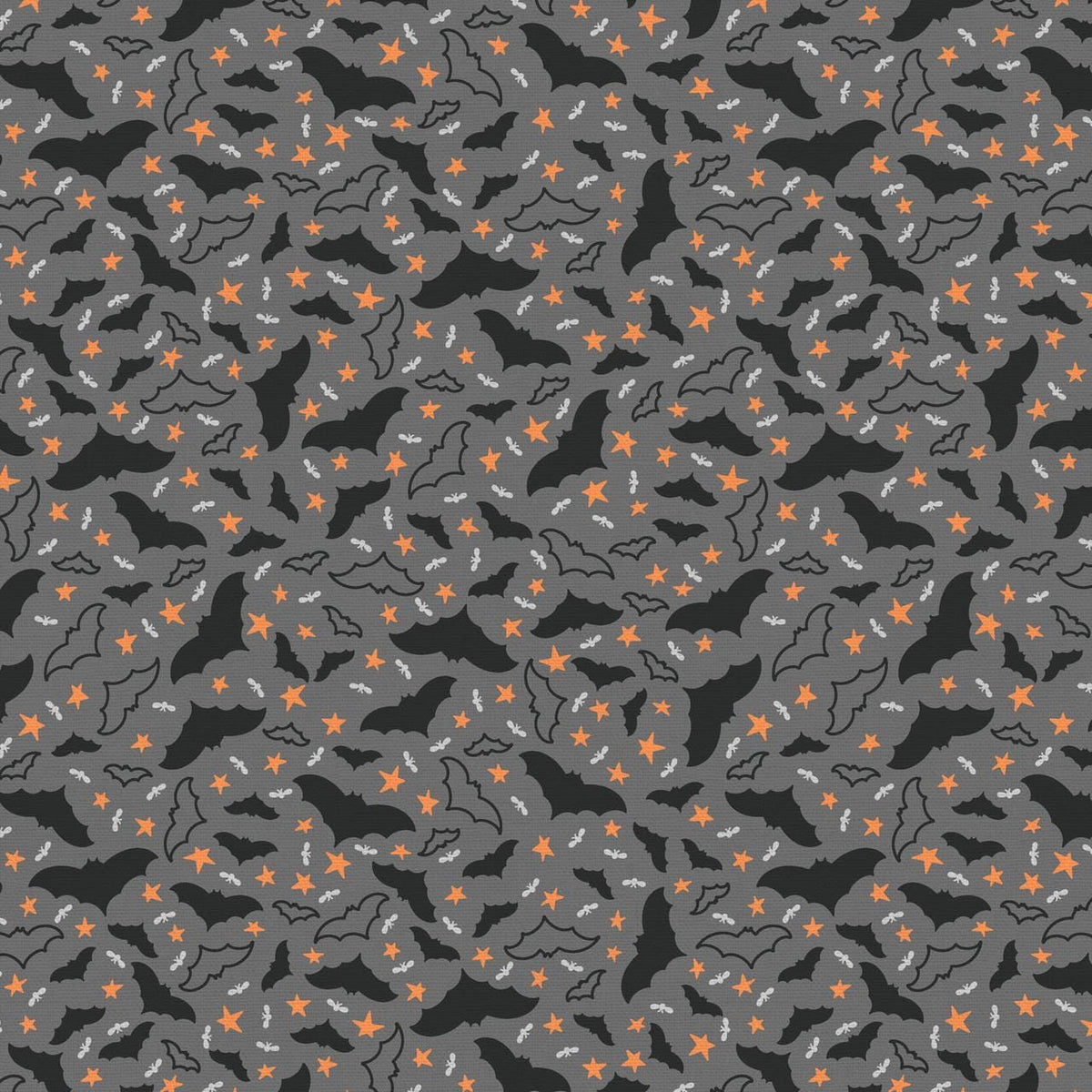 Tricks and Treat 100 cotton fabric collection, this pattern is Bats and Bugs: A patterned print featuring flying bats and small bugs, often with a dark grey background. The collection is designed in a style that is "spooky but sweet" and is printed on 100% premium cotton, making it suitable for quilts and crafty Halloween projects.