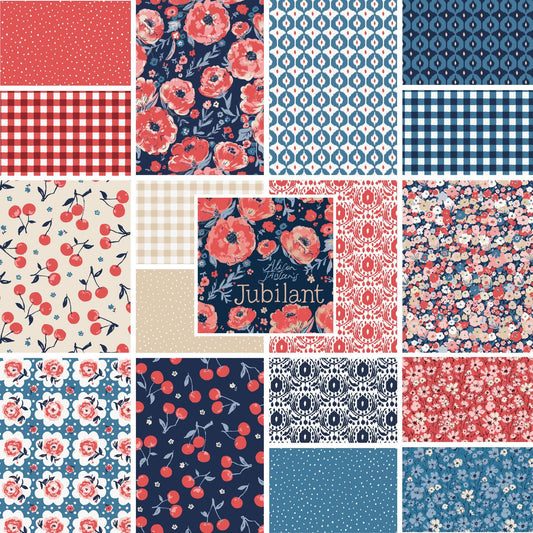 The Jubilant fabric collection by Alison Janssen for Cloud9 Fabrics is a summer-themed, organic cotton line inspired by outdoor picnics and vintage celebrations. The collection features a fresh, modern palette of navy, red, blue, sand, and cream.
