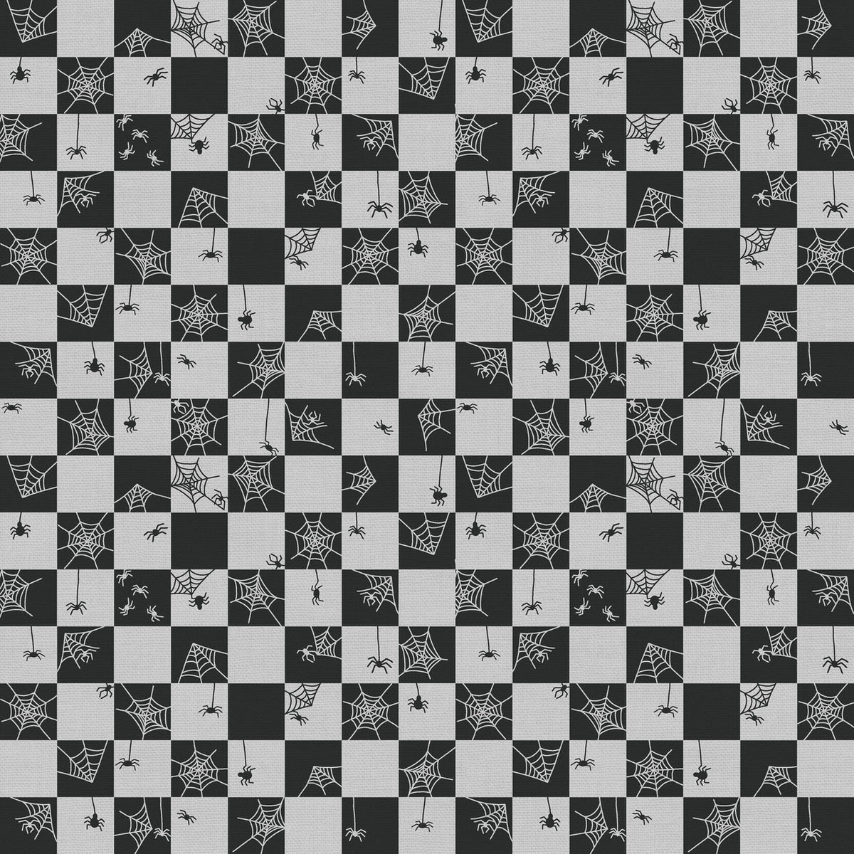 Tricks and Treat 100 cotton fabric collection, this pattern is Cobweb Checker - Black: A checkerboard print with a spiderweb design, commonly in black and white. The collection is designed in a style that is "spooky but sweet" and is printed on 100% premium cotton, making it suitable for quilts and crafty Halloween projects.