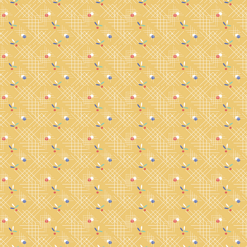 cotton fabric Patterned with geometric criss cross design and small flowers on a yellow background