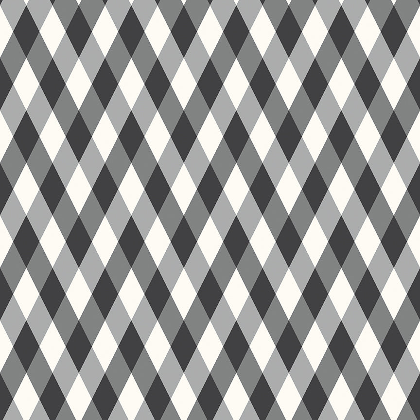 cotton fabric Frank and Friends Halloween themed geometric Pattern of black and grey diamonds on a white background
