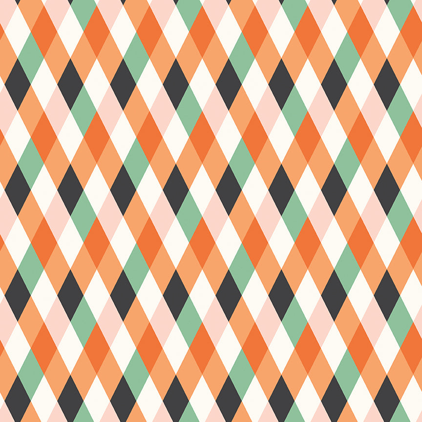 cotton fabric Frank and Friends Halloween themed geometric Pattern of orange, pink, black and green diamonds on a white background