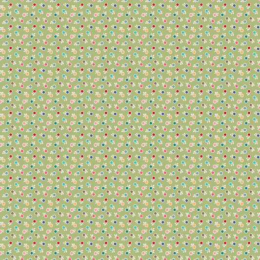 cotton fabric Patterned fabric with small colorful dots / flowers on a green background