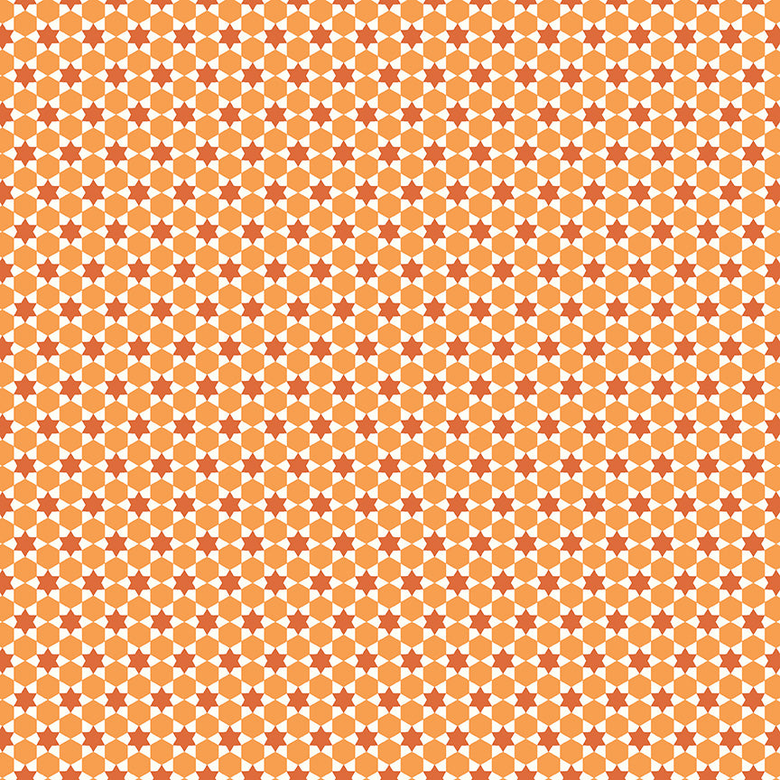 cotton fabric Pattern of small light orange circles with dark orange stars on a white background