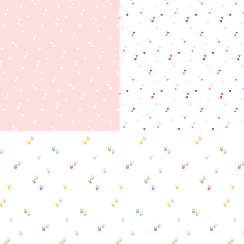 cotton fabric collage showing Four different patterned backgrounds with hearts and bunny ears on a pink and white background.