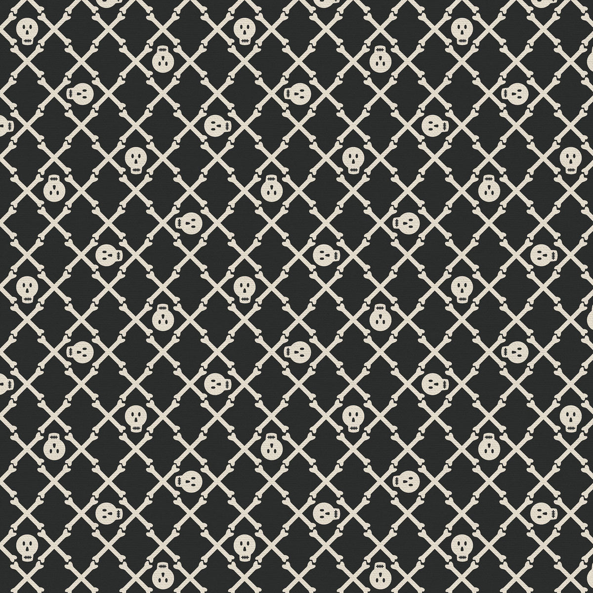 Tricks and Treat 100 cotton fabric collection, this pattern is Crossbones: A classic, simple themed print, often available in black. The collection is designed in a style that is "spooky but sweet" and is printed on 100% premium cotton, making it suitable for quilts and crafty Halloween projects.