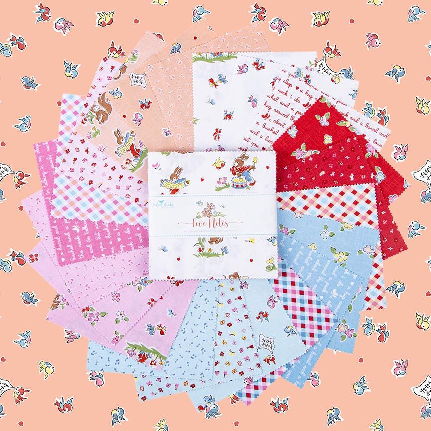 This 5" Charm pack precut includes 42 pieces from the Love Notes collection by Lindsay Wilkes of the Cottage Mama for Riley Blake Designs. Each print will be included 1-2 times in the bundle.