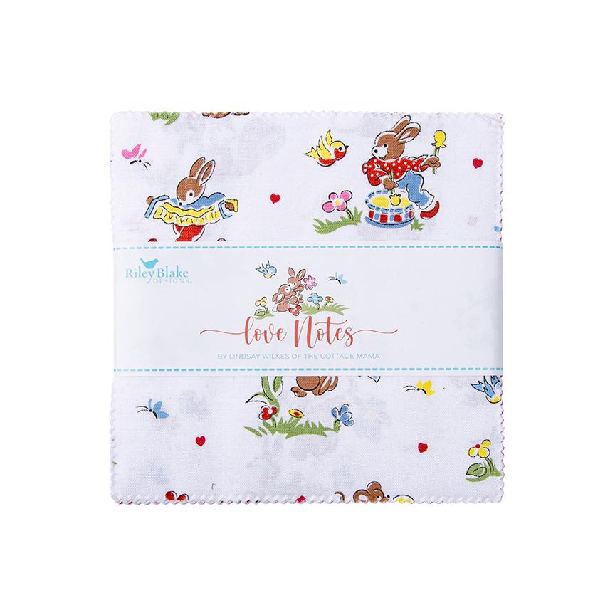 This 5" Charm pack precut includes 42 pieces from the Love Notes collection by Lindsay Wilkes of the Cottage Mama for Riley Blake Designs. Each print will be included 1-2 times in the bundle.