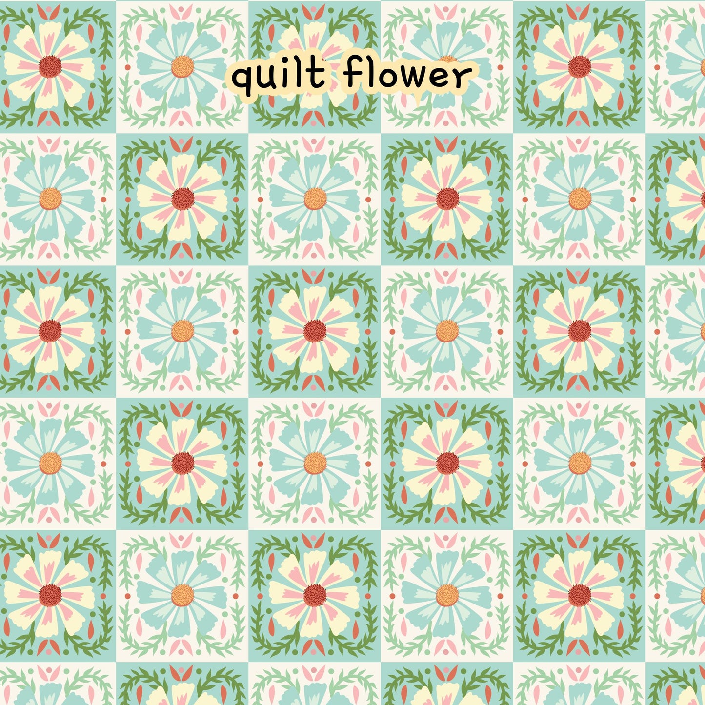 fabric collection Love Bugs 100% organic cotton fabric spring themed small white and teal daisies with inside a quilt like block pattern with different shades of green, teal on a white background. Quilting, crafts, home decor, apparel sewing