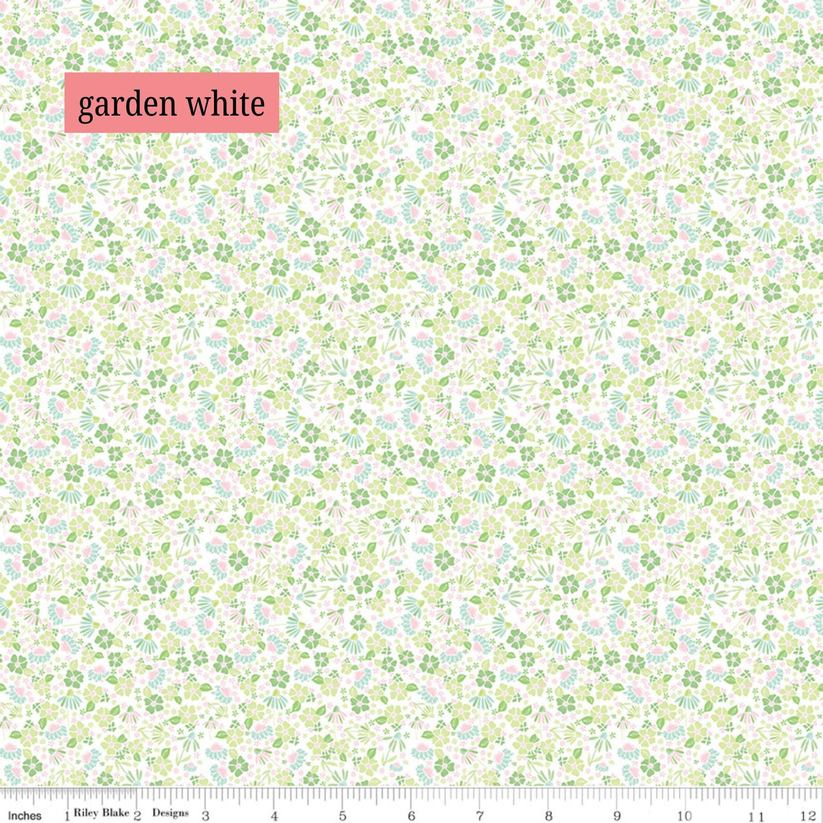 Fabric Pattern Garden (White & Tea Rose): A dense scatter of delicate, dainty flowers and leaves that give a nostalgic and vintage aesthetic. The Summer Skies and Fireflies Collection by Gracey Larson for Riley Blake Designs is inspired by nostalgic, warm summer evenings. The fabric line captures the charm of twinkling stars, picnic lunches, and fireflies dancing at dusk