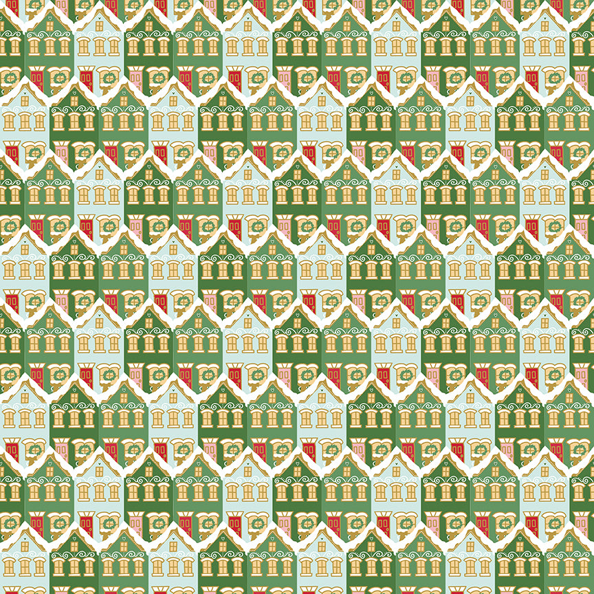 Pattern Christmas Houses: Small, detailed illustrations of cozy, decorated North Pole homes background Colors: Red, Green, and Pink. (Includes specialty sparkle) from The Claus & Co. collection by Melissa Mortenson for Riley Blake Designs captures the nostalgic magic of an imagined North Pole. This festive line features whimsical houses, vintage ornaments, poinsettias, and candy canes in a charming storybook color palette.