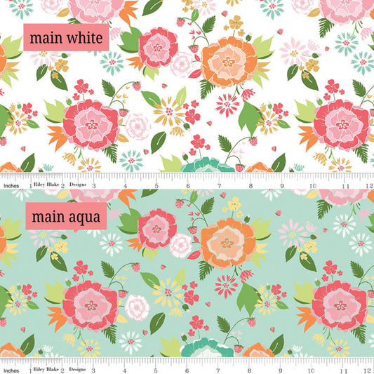 Fabric Pattern Main, backgrounds White & Aqua are The signature print of the collection, featuring a delightful, whimsical summer posies and sprawling flowers. The Summer Skies and Fireflies Collection by Gracey Larson for Riley Blake Designs is inspired by nostalgic, warm summer evenings. The fabric line captures the charm of twinkling stars, picnic lunches, and fireflies dancing at dusk