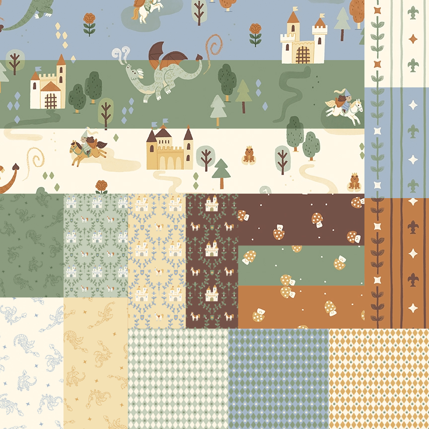 Cotton fabric Collection Faraway kingdom collage of fabric swatches with fairy tale and nature themes.