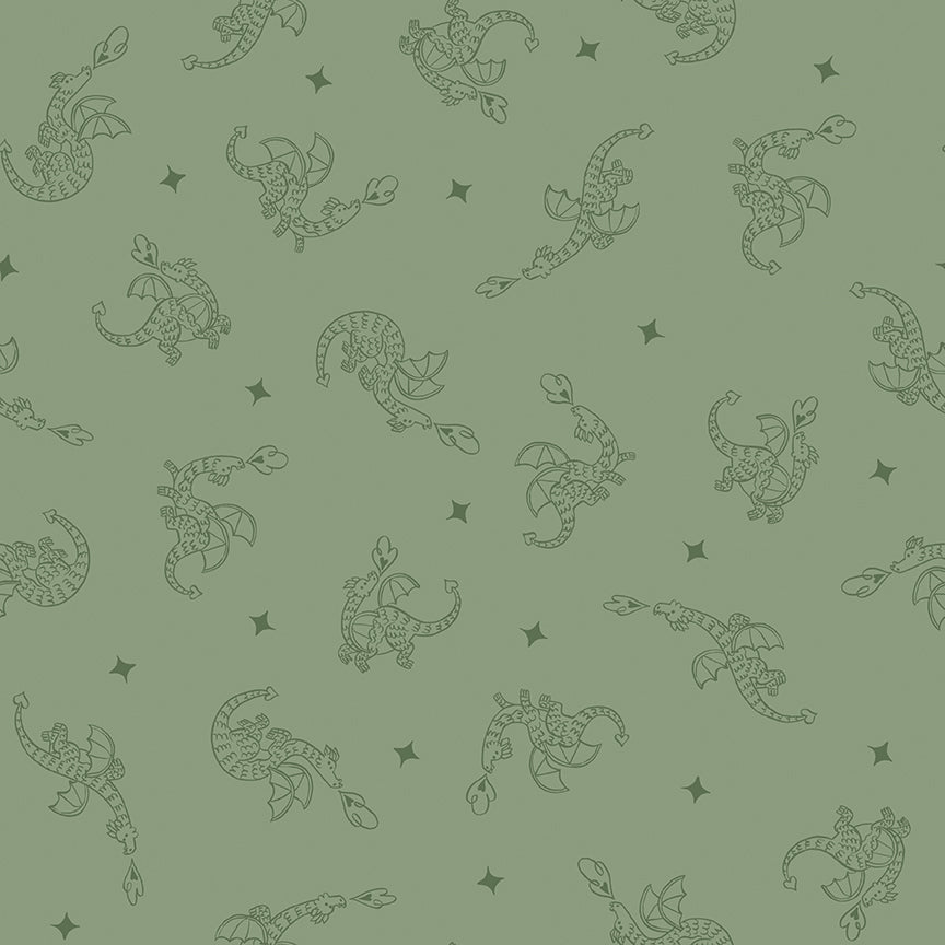 Cotton fabric faraway kingdom collection fairy tale fantasy pattern with cartoon like fire breathing dragons on a green / forest background