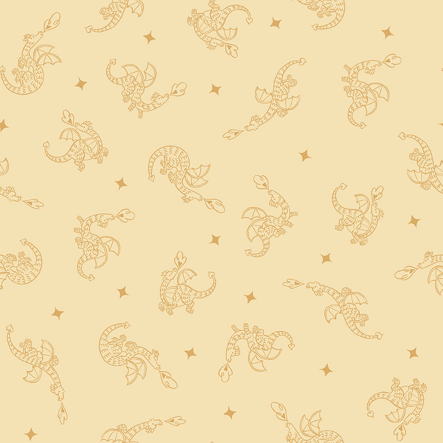 Cotton fabric faraway kingdom collection fairy tale fantasy pattern with cartoon like fire breathing dragons on a light yellow / sunshine background