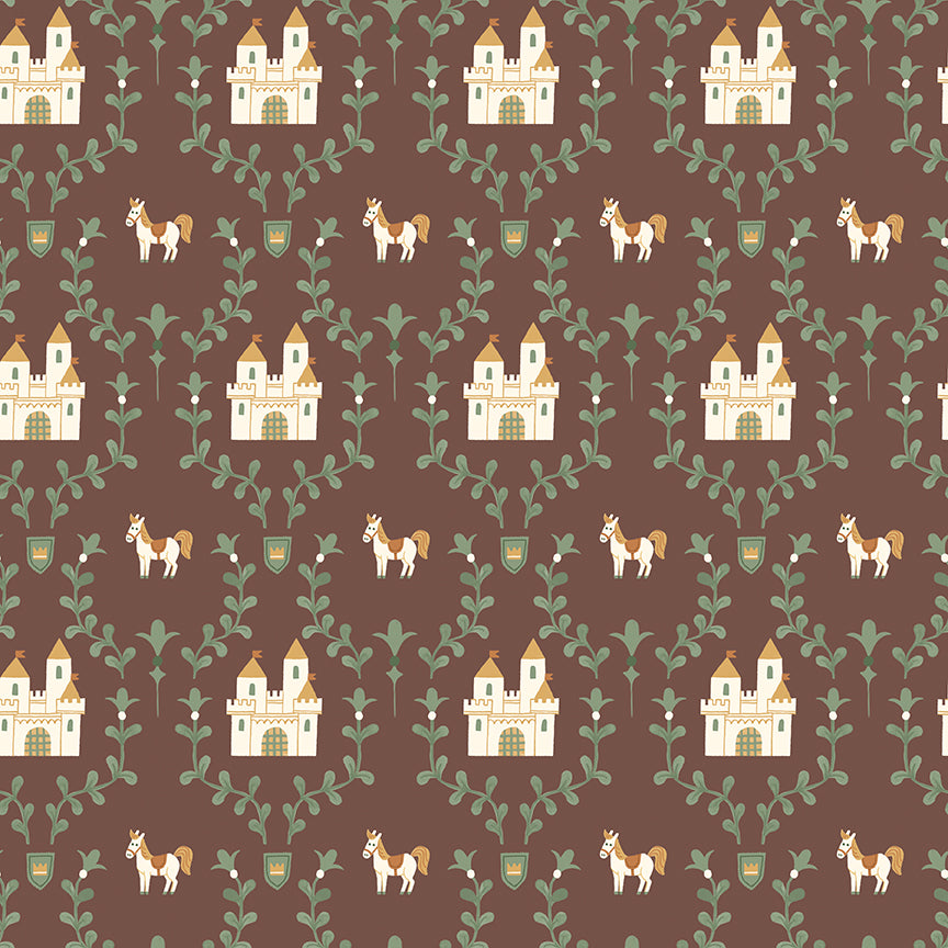 Cotton fabric faraway kingdom collection fairy tale fantasy pattern with castles and horses, outlined by green leaves on a brown / cocoa background