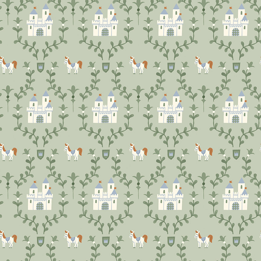 Cotton fabric faraway kingdom collection fairy tale fantasy pattern with castles and horses, outlined by green leaves on a light green background