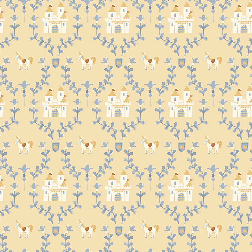 Cotton fabric faraway kingdom collection fairy tale fantasy pattern with castles and horses, outlined by green leaves on a light yellow background
