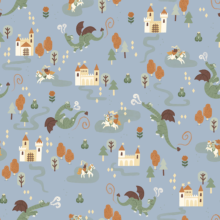 Cotton fabric faraway kingdom collection fairy tale fantasy pattern with dragons, castles, and knights on a blue background