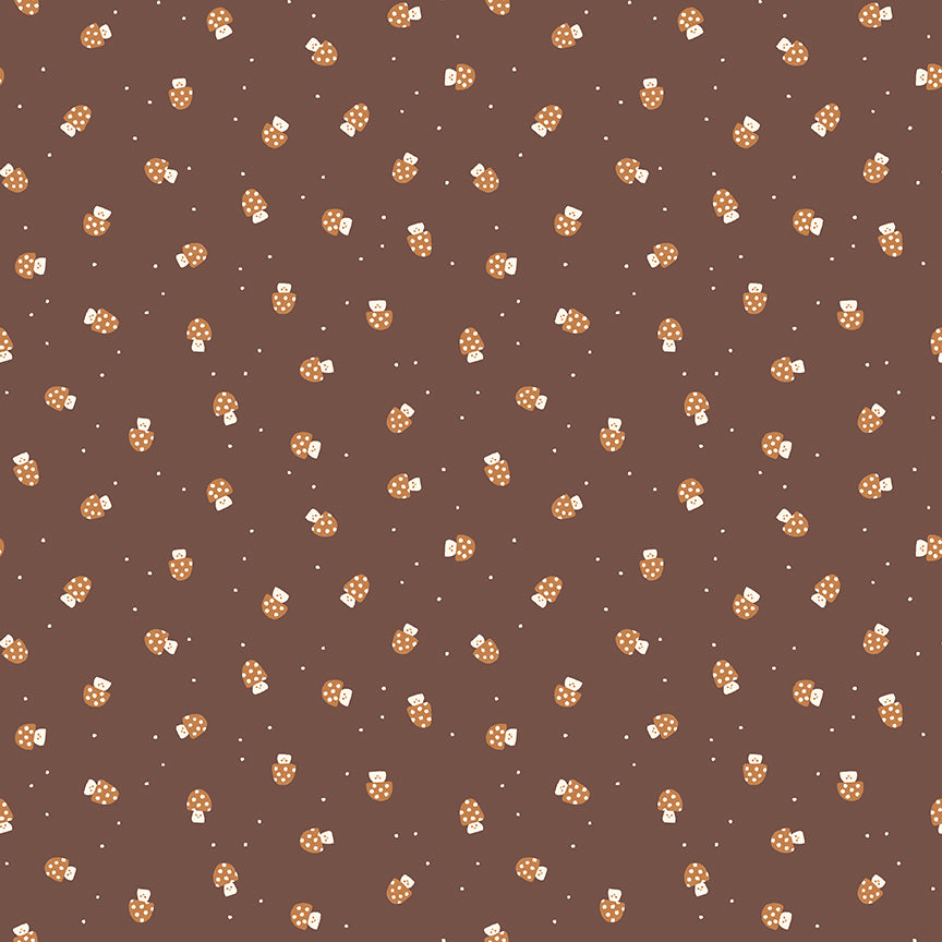Cotton fabric faraway kingdom fairy tale collection pattern of scattered mushrooms with spotted mushroom caps on a brown / cocoa background