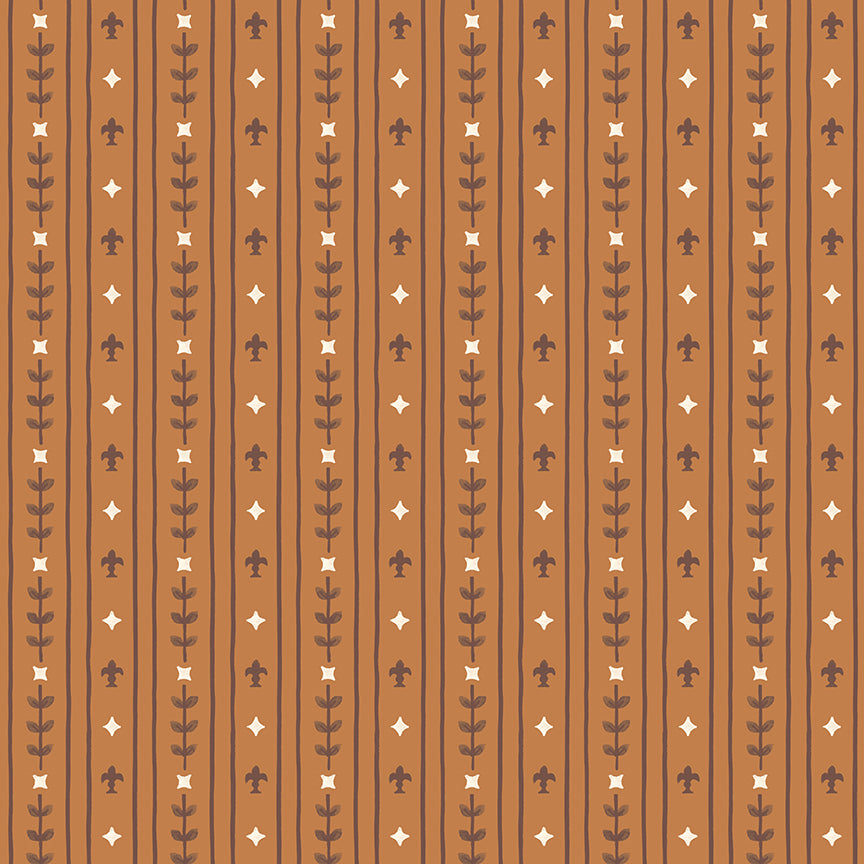 Cotton fabric faraway kingdom fairy tale collection pattern of vertical lines meant to depict a Royal pattern of with vertical lines with small vines and diamonds on a light brown background