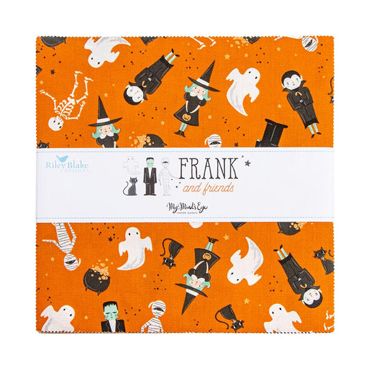 The Frank and Friends Halloween fabric collection by My Mind's Eye for Riley Blake Designs is a whimsical, "delightfully spooky" Halloween-themed collection featuring playful monsters, charming characters, and vintage-inspired designs. The collection uses a unique palette of orange, charcoal, blush, mint, and ghostly gray, with many black fabrics featuring glow-in-the-dark elements.