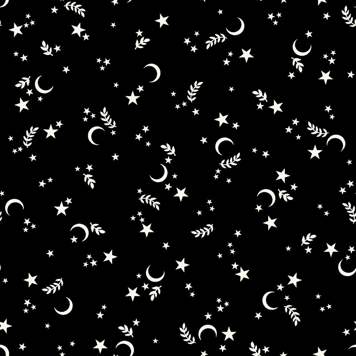 goth gardens fabric collection halloween this pattern has black background with a repeating pattern of white stars, crescent moons, and sprigs. The celestial design is evenly spaced across the surface, creating a whimsical and dreamy aesthetic.