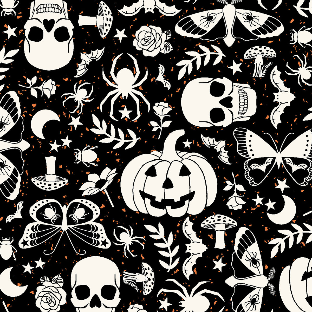 goth gardens cotton fabric collection Halloween-themed pattern with skulls, pumpkins, spiders o and florals n a black background.