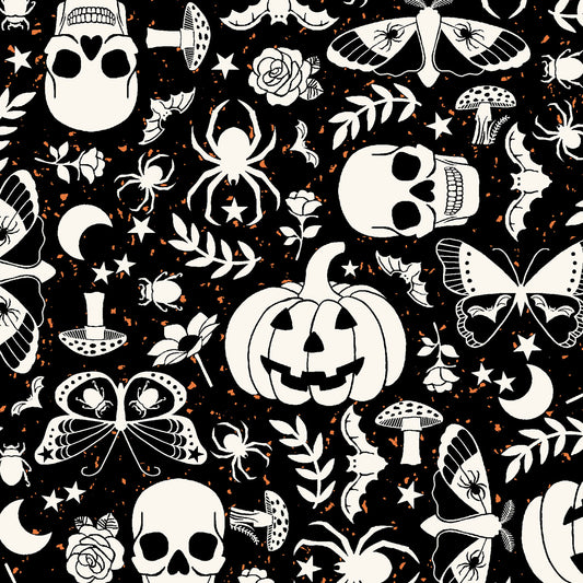 goth gardens cotton fabric collection Halloween-themed pattern with skulls, pumpkins, spiders o and florals n a black background.