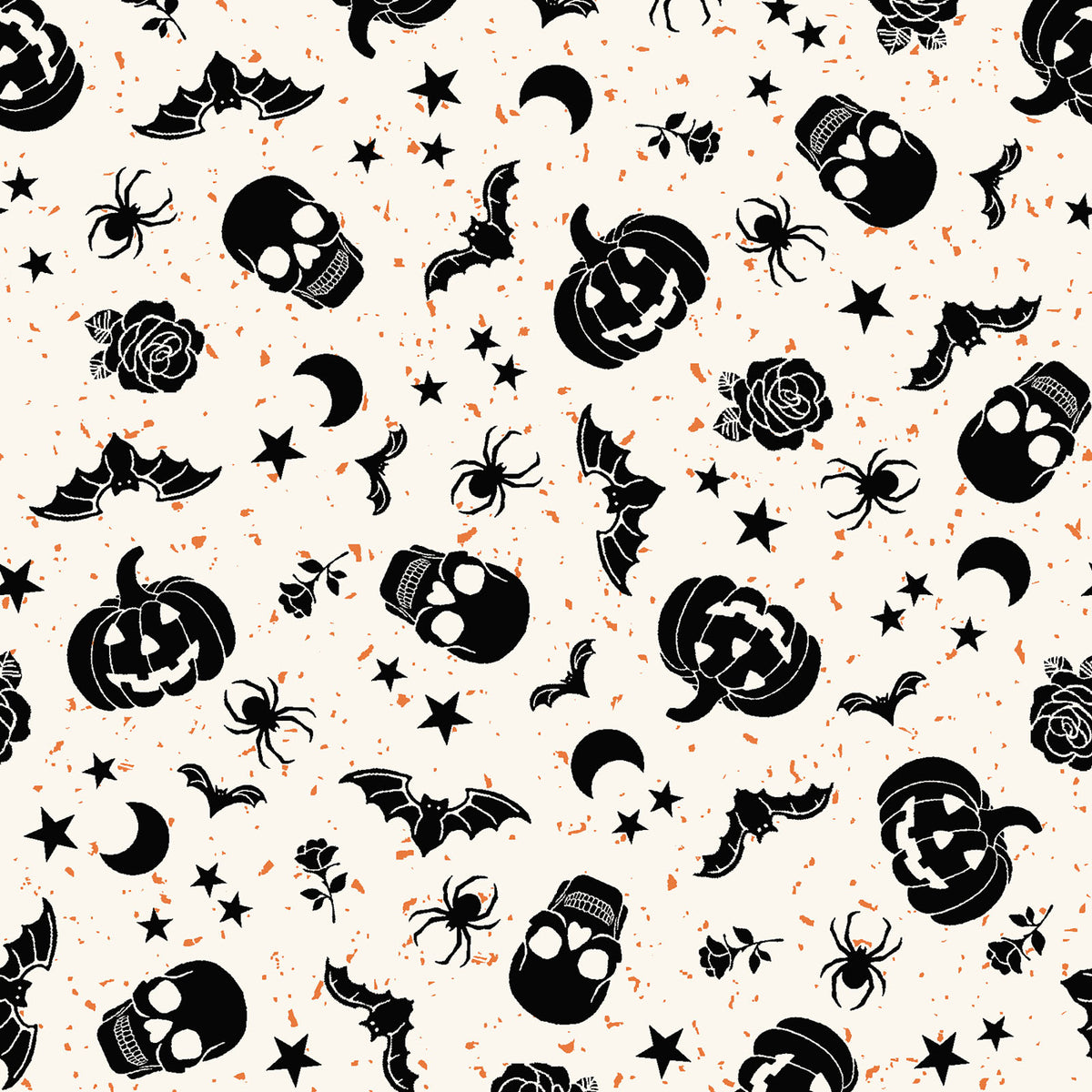 goth gardens fabric collection Halloween-themed pattern with black pumpkins, ghosts, bats and spiders on a white background.