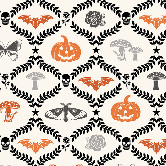 goth gardens fabric collection, this one is a repeating pattern featuring Halloween-themed illustrations. The design includes orange bats, jack-o'-lanterns, skulls, mushrooms, roses, and moths, set against a cream background. The elements are framed by a black leaf pattern.