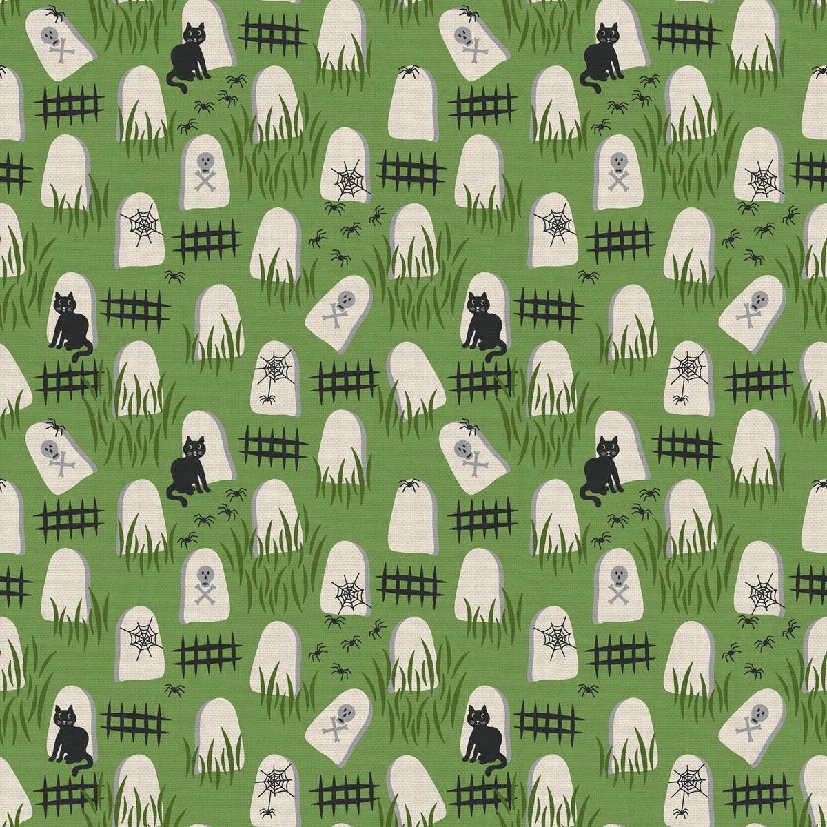 Tricks and Treat 100 cotton fabric collection, this pattern is Graveyard: A themed print depicting a spooky, yet friendly, graveyard scene with monsters.. The collection is designed in a style that is "spooky but sweet" and is printed on 100% premium cotton, making it suitable for quilts and crafty Halloween projects.