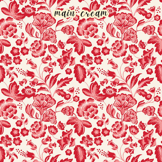 fabric collection Letters to Cupid,100% cotton,. the Main Cream pattern is one of the signature prints featuring an allover romantic red floral pattern on a white background