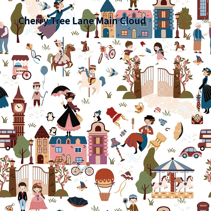 cotton fabric spoonful of sugar collection this pattern features a white background with illustrations of houses, people, and animals as on Cherry Tree Lane. The design includes a carousel, hot air balloon, and a double-decker bus.