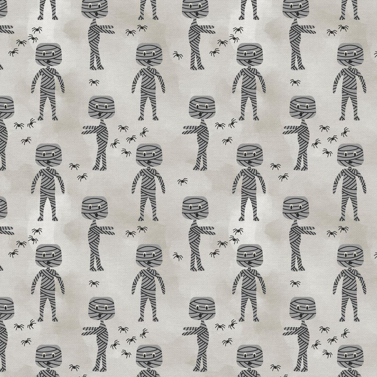 Tricks and Treat 100 cotton fabric collection, this pattern is Mummy Walk: Features cute, wrapped mummies walking together, adding to the playful Halloween theme. The collection is designed in a style that is "spooky but sweet" and is printed on 100% premium cotton, making it suitable for quilts and crafty Halloween projects.