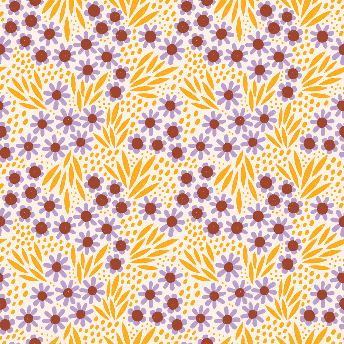 100% organic cotton fabric Pattern of small flowers and leaves in purple, orange, and brown on a white background