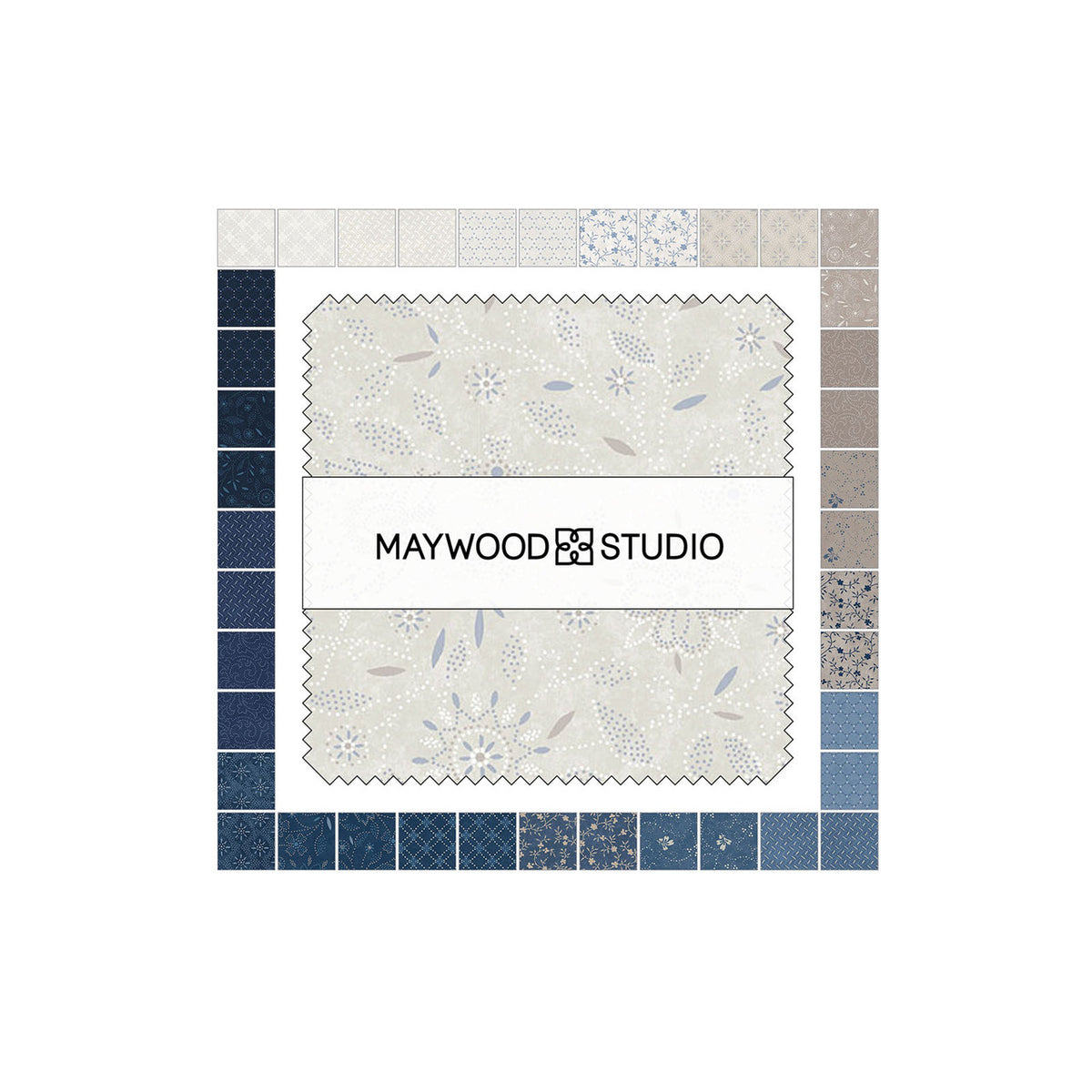 The Patchwork Blue fabric collection by Maywood Studio blends vintage quilt charm with a modern, scrappy aesthetic. It features a warm, "well-loved quilt" look combining soft florals, indigo hues, and graphic geometric prints. The Color Palette has calming shades of faded blues, navies, tans, and creams.