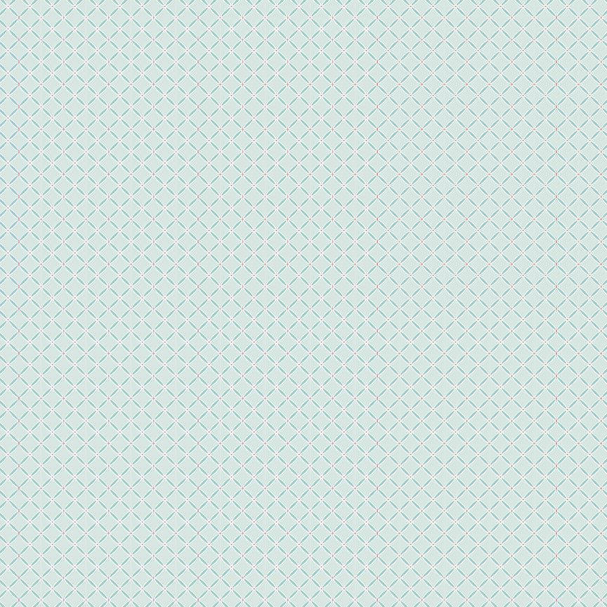 Fabric Pattern Slow Down teal: A gentle floral design that often highlights the collection's theme of taking a leisurely stroll from collection Le Petit Escargot by Lori Woods for Poppie Cotton which is a storybook-themed collection featuring a charming, romantic aesthetic with soft florals, whimsical snails, and delicate geometric prints in shades of pink, teal, blue, lilac, green, and grey. The collection consists of 7 main designs across 3 colorways, including a "cheater panel".vvv