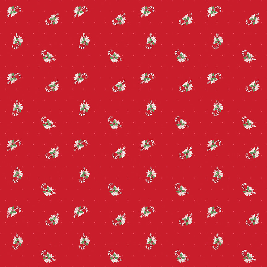 Pattern Candy Canes: A diagonal striped candy cane print tied with elegant ribbons in Red/Eggnog, Green/Eggnog, and Blush/Eggnog from The Claus & Co. collection by Melissa Mortenson for Riley Blake Designs captures the nostalgic magic of an imagined North Pole. This festive line features whimsical houses, vintage ornaments, poinsettias, and candy canes.
