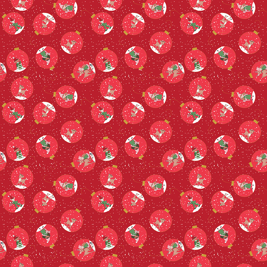 Pattern Ornaments: An all-over print featuring vintage-style festive ornaments filled with playful elves & charming reindeer surrounded by falling snowflakes, Gold is gold sparkle background Colors: Blue, Green, and Red. (Includes specialty sparkle) from The Claus & Co. collection by Melissa Mortenson for Riley Blake Designs captures the nostalgic magic of an imagined North Pole. This festive line features whimsical houses, vintage ornaments, poinsettias, and candy canes.
