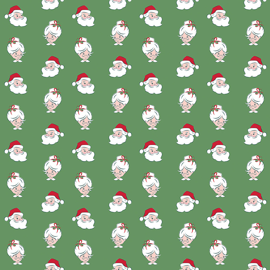 Pattern Santa Heads: Whimsical illustrations of Santa Claus faces paired with holly, background Colors: Red and Green from The Claus & Co. collection by Melissa Mortenson for Riley Blake Designs captures the nostalgic magic of an imagined North Pole. This festive line features whimsical houses, vintage ornaments, poinsettias, and candy canes in a charming storybook color palette.