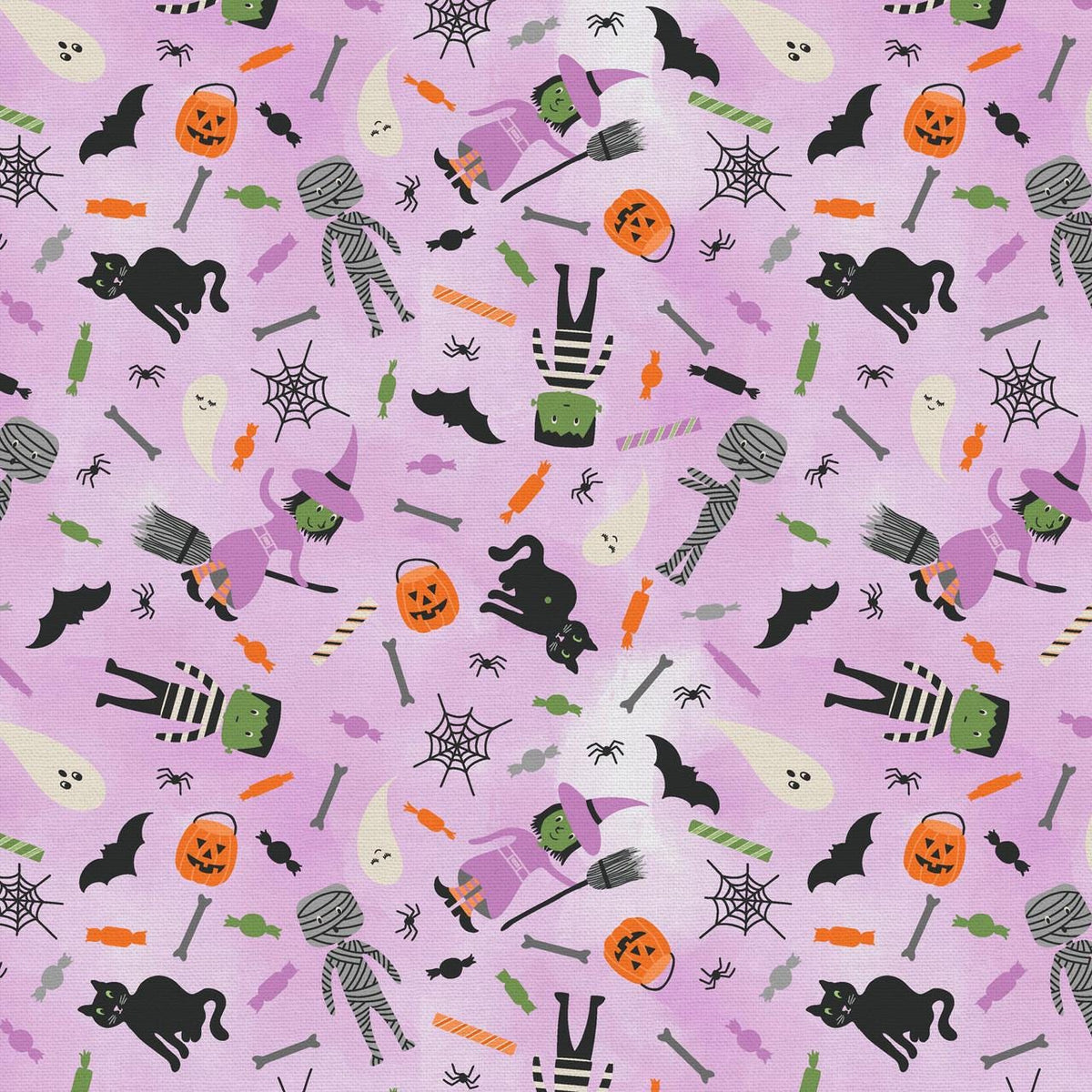 Tricks and Treat 100 cotton fabric collection, this pattern is Costume Party purple : A themed pattern showcasing various costumed characters, creating a playful, festive scene. It is often available in a purple colorway. The collection is designed in a style that is "spooky but sweet" and is printed on 100% premium cotton, making it suitable for quilts and crafty Halloween project