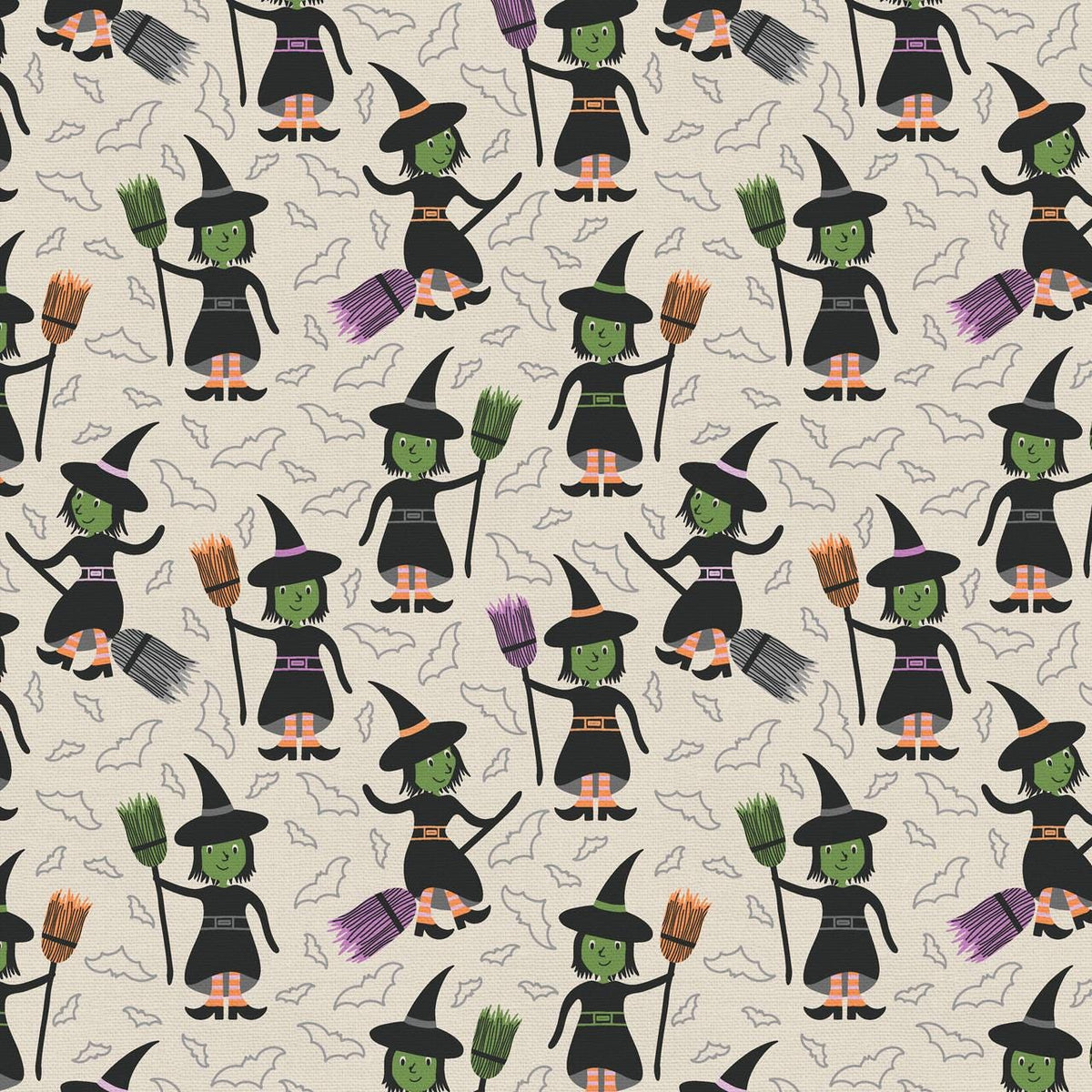 Tricks and Treat 100 cotton fabric collection, this pattern is Witch Way which highlights playful witches flying on brooms against a night sky, often set against a cream background. The collection is designed in a style that is "spooky but sweet" and is printed on 100% premium cotton, making it suitable for quilts and crafty Halloween project