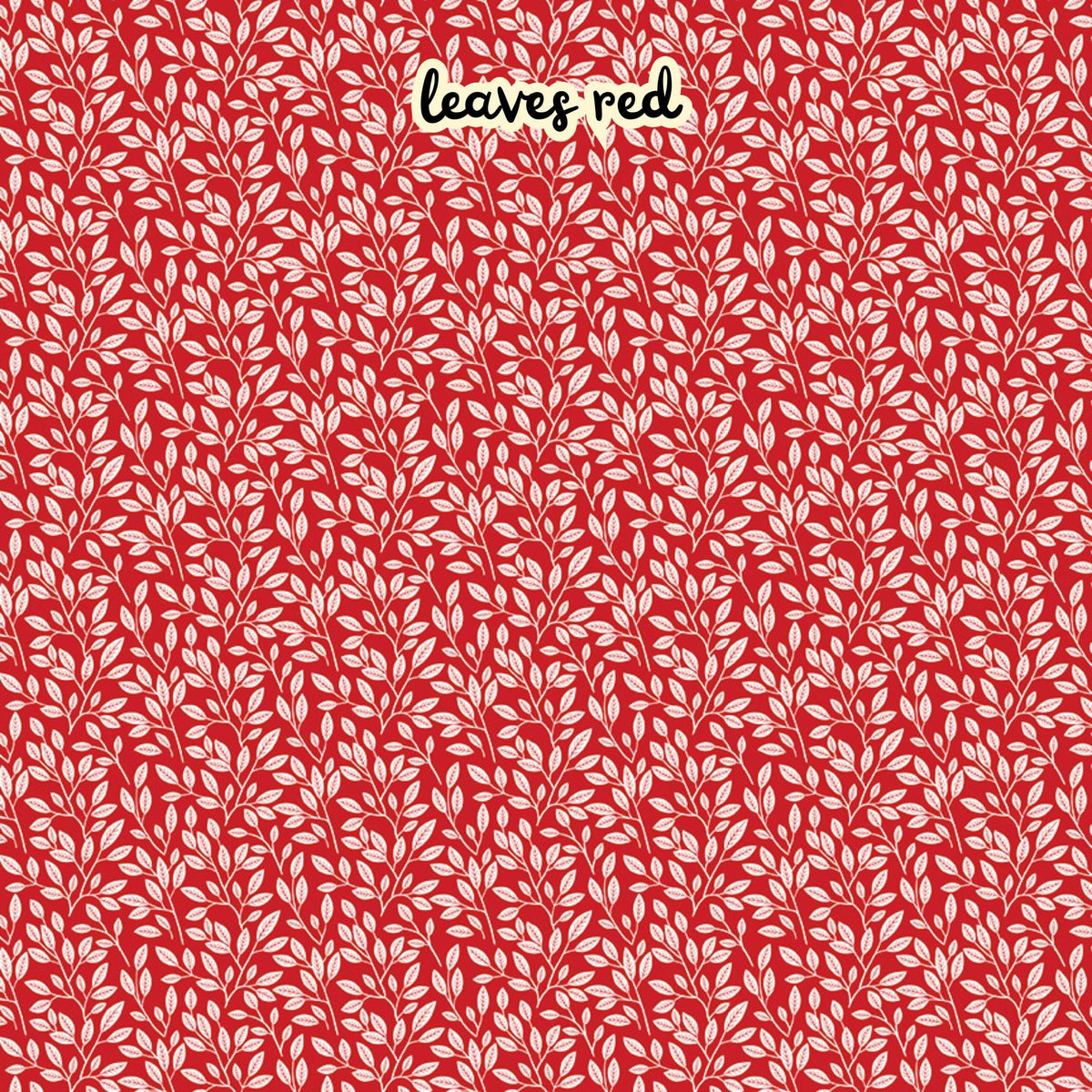 100% cotton fabric collection Radiant Ruby. This one is a botanical variant featuring red white leafy patterns instead of full blooms on a red background. Collection is a vibrant "showstopper in scarlet" a two-tone collection which uses only "Schoolhouse" (red) and "Cloud" (off-white) to create a striking aesthetic inspired by the brilliance of a ruby gemstone.