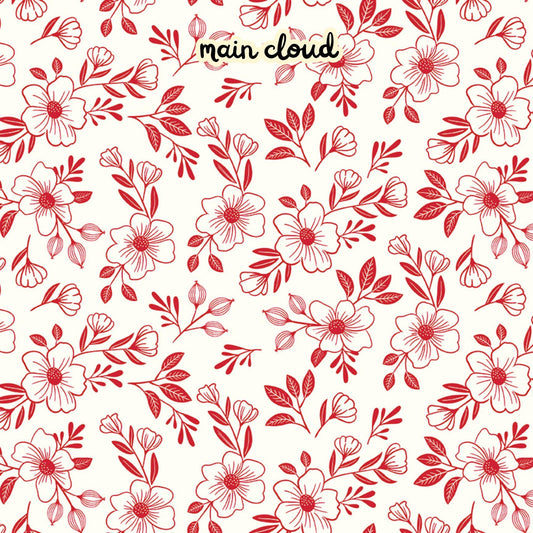 100% cotton fabric collection Radiant Ruby. This pattern is on a white background with red florals. Collection is a vibrant "showstopper in scarlet" a two-tone collection which uses only "Schoolhouse" (red) and "Cloud" (off-white) to create a striking aesthetic inspired by the brilliance of a ruby gemstone.
