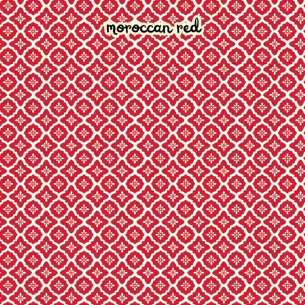 100% cotton fabric collection Radiant Ruby. The pattern features a repeating Moroccan-inspired tile motif in a vibrant red set against a "cloud" white background. Collection is a vibrant "showstopper in scarlet" a two-tone collection which uses only "Schoolhouse" (red) and "Cloud" (off-white) to create a striking aesthetic inspired by the brilliance of a ruby gemstone.